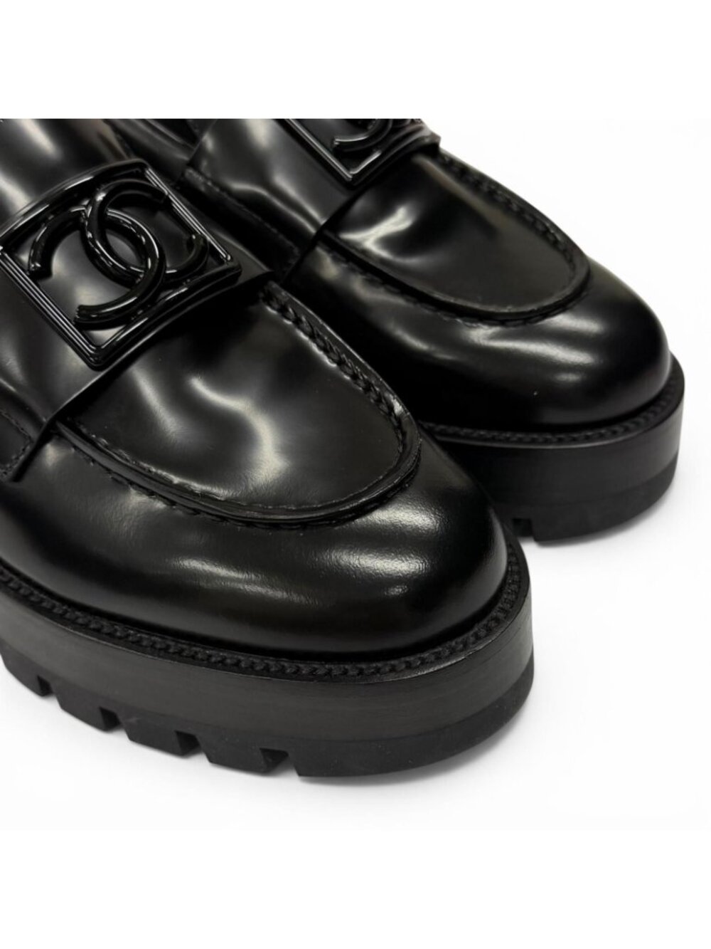 Chanel CC Logo Leather Loafers Shoes Black - Picture 7 of 12